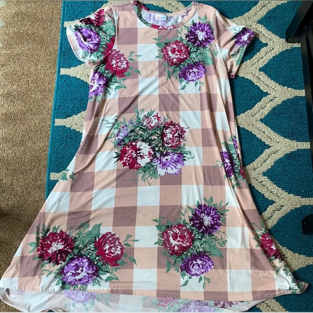 LuLaRoe Floral Checkered Carly Dress - Brown, Purple, Green Sz L - Picture 3 of 10